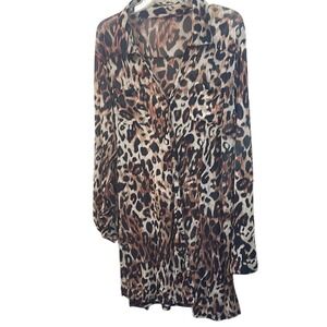 Leopard Print Sheer Button Down Long Sleeve‎ Tunic Top
